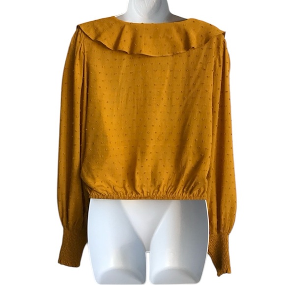 Lulus Women’s S Mustard Swiss Dot Ruffle Long Puff Sleeve Smocked Wrist Top EUC - Picture 3 of 16